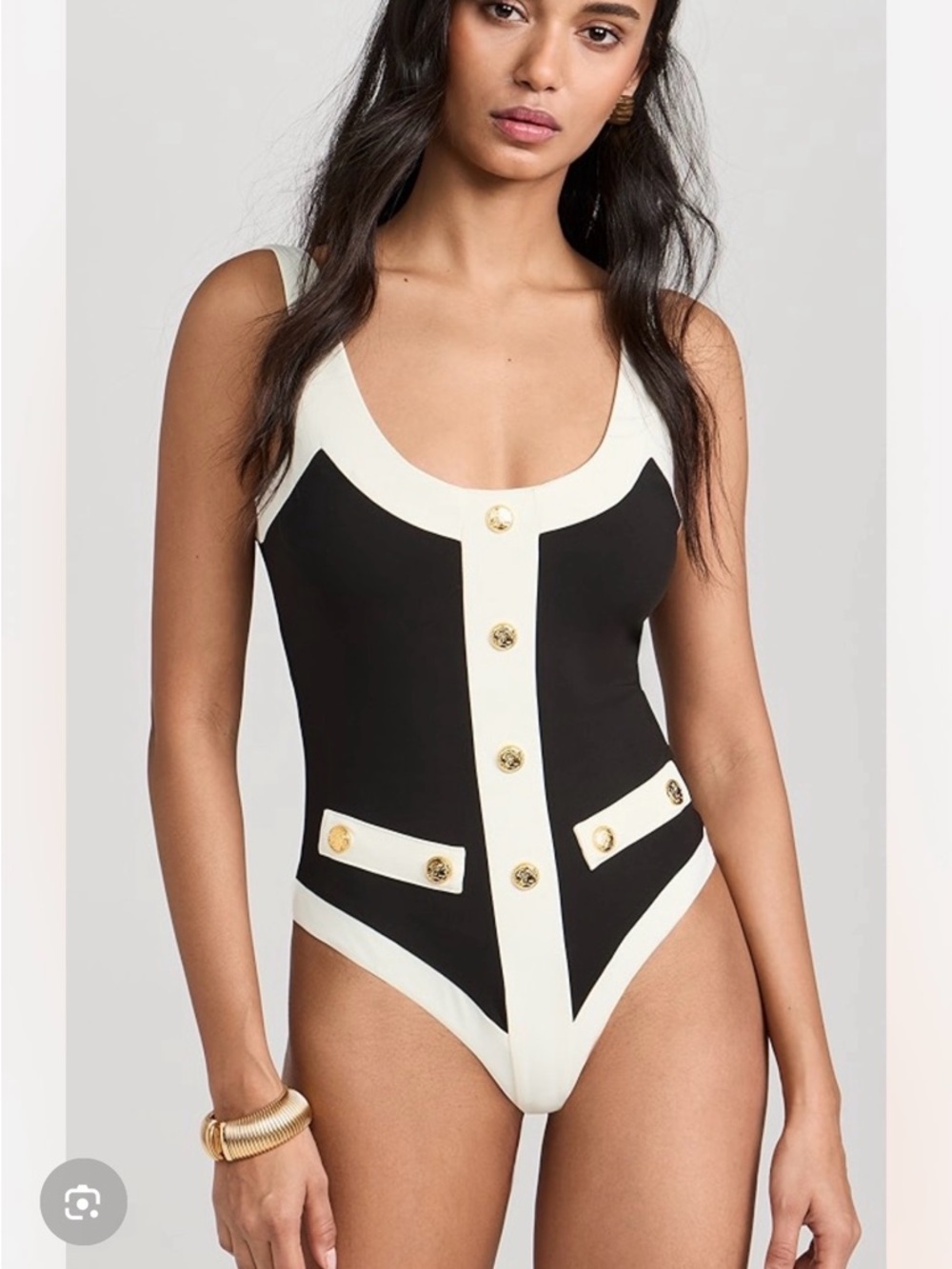 Caroline Constas Sailor style Black & White One-Piece swimsuit with Gold Buttons